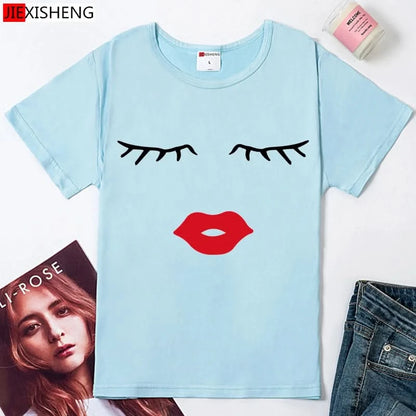 Pretty and Cute Eye Lashes Red Lips Print Summer Short Sleeve O Neck T-Shirt