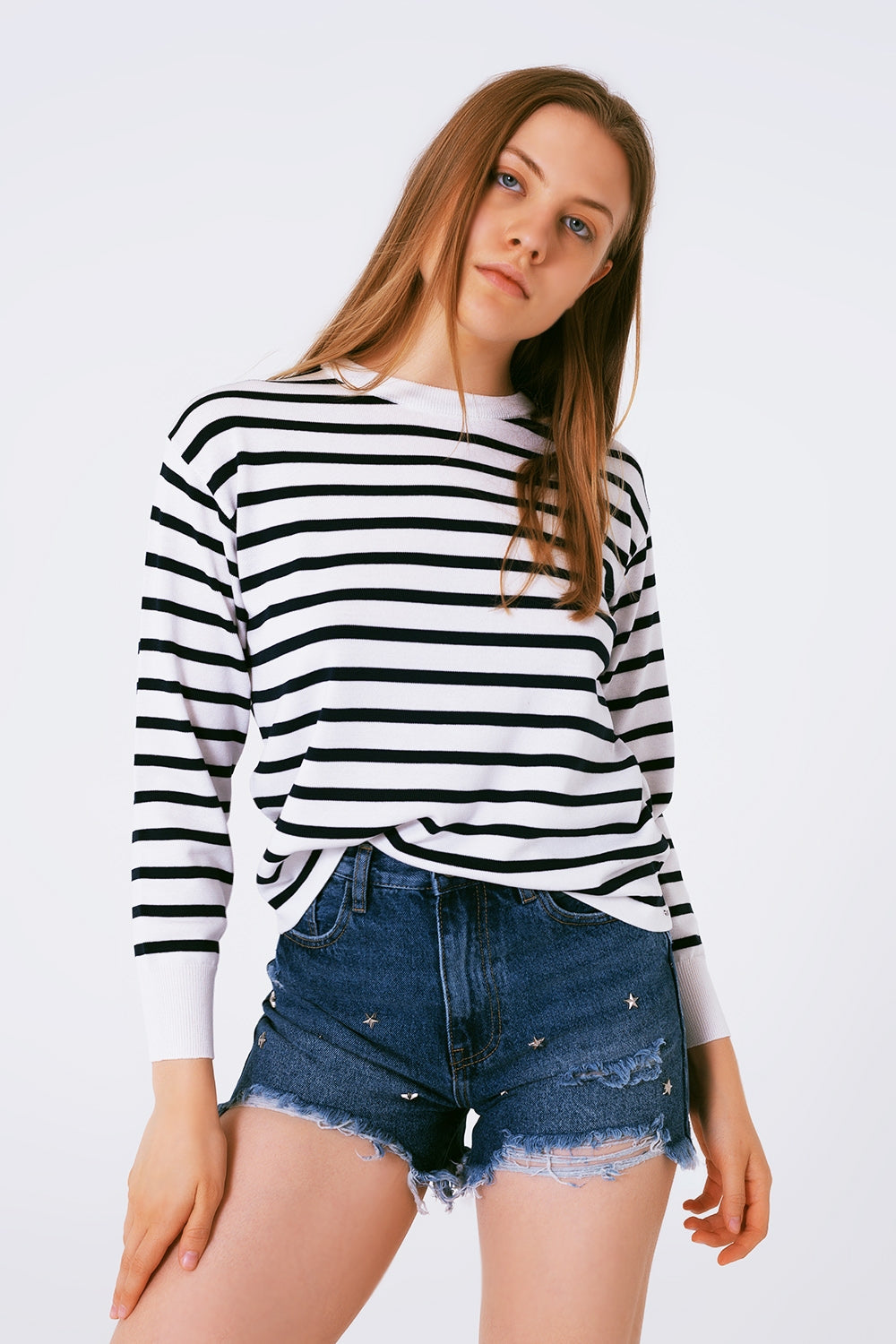 Round Neck Jumper in Navy Stripe