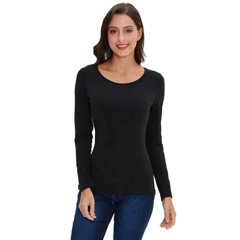 Women Basic Solid Long Sleeve T Shirt Round Crew Neck Plain Cotton Spandex Tops