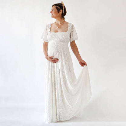 Maternity Ivory Bohemian Dress, Square Neckline , Butterfly Sleeves Dress #7003