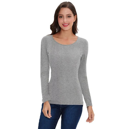 Women Basic Solid Long Sleeve T Shirt Round Crew Neck Plain Cotton Spandex Tops