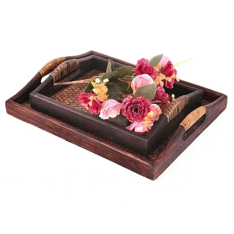 Handicraft Rattan Household Tea Tray Baked Bread Tray Set Wooden Storage