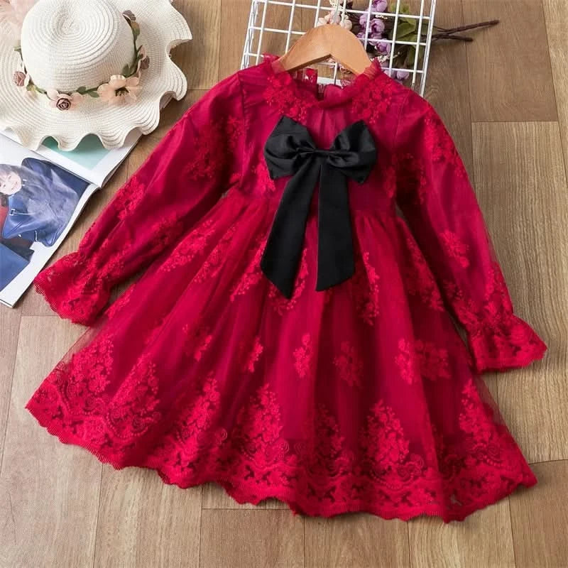 Girls Long Sleeve Christmas Red Dress Winter Warm Round-Neck Kids