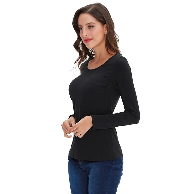 Women Basic Solid Long Sleeve T Shirt Round Crew Neck Plain Cotton Spandex Tops