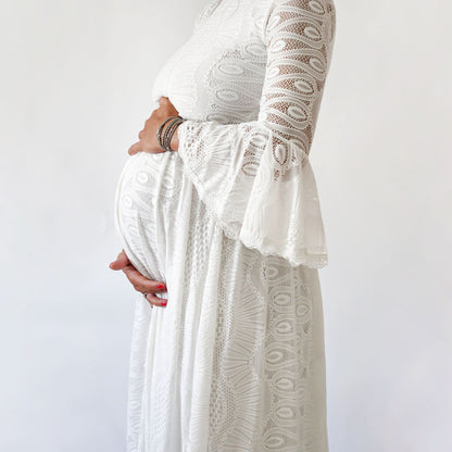 Maternity Bohemian High Neckline, Modest Ivory Wedding Dress With a Train  #7012