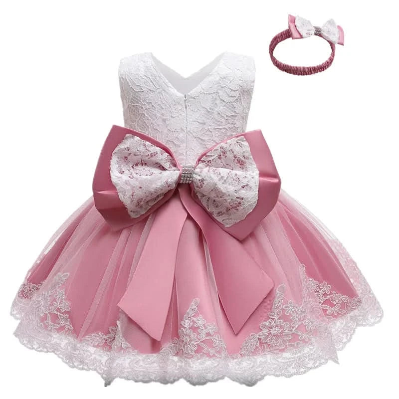 Elegant Girl Dress Fashion Pink Lace Big Bow Party Princess Wedding Dresses