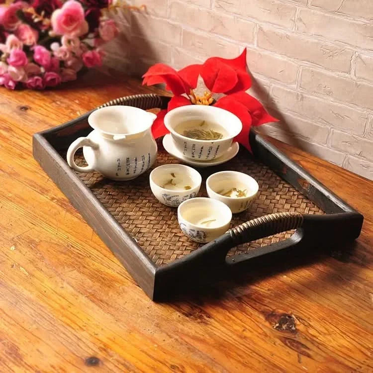 Handicraft Rattan Household Tea Tray Baked Bread Tray Set Wooden Storage