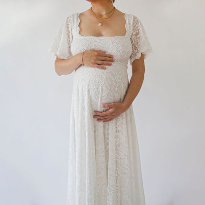 Maternity Ivory Bohemian Dress, Square Neckline , Butterfly Sleeves Dress #7003