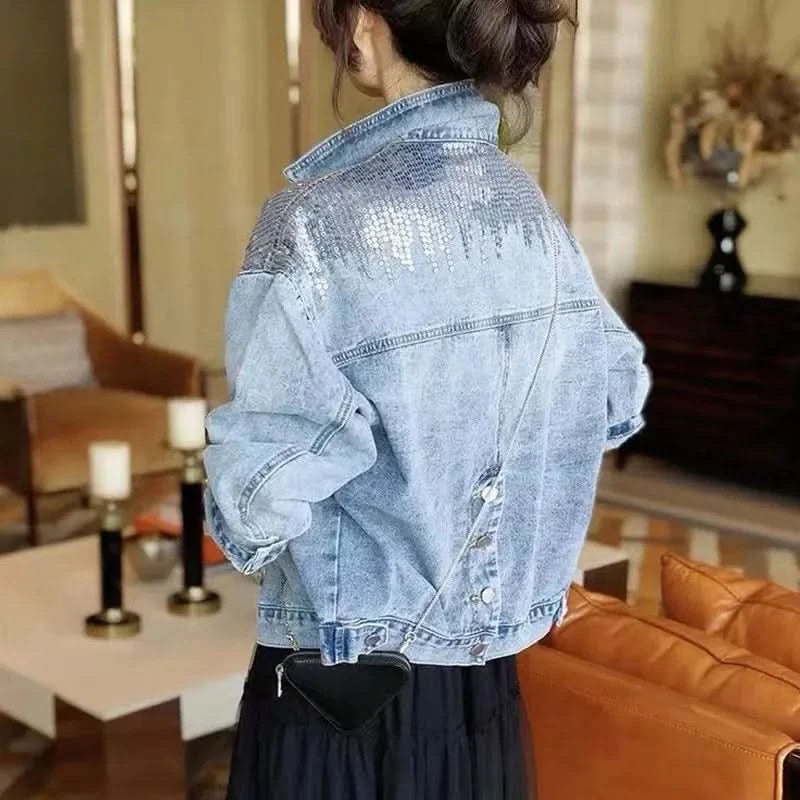 Hole Jean Jacket Women Spring Short Sequin Denim Jacket Splice Autumn