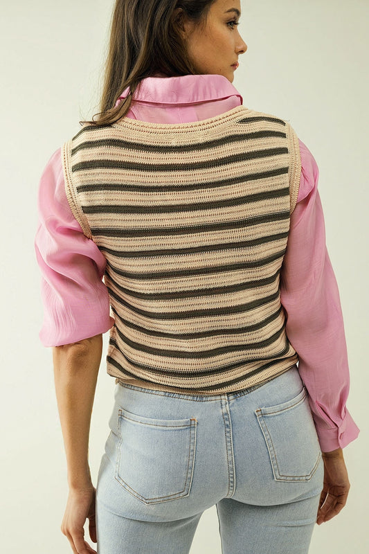 Cream Sleeveless Knit Top With Khaki Stripes