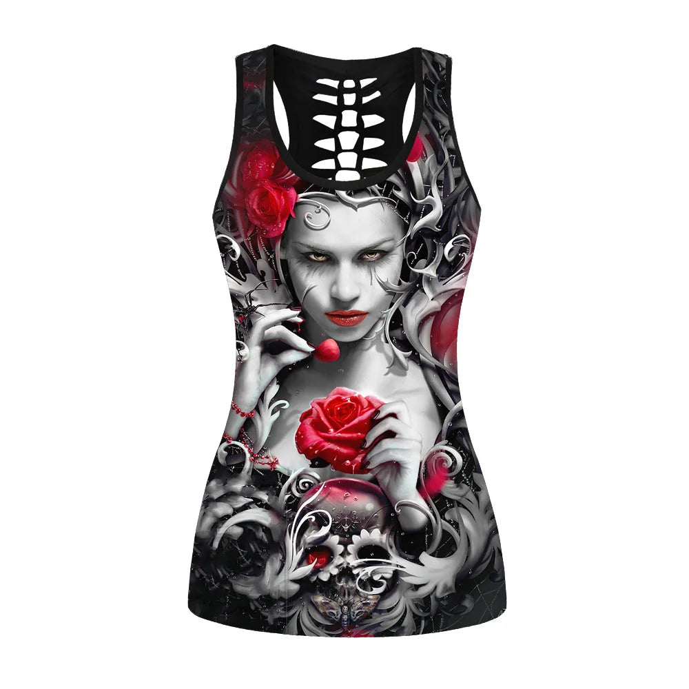 [You're My Secret] Gothic Tank Top Women Banshee Mask Rose Print Sleeveless Top