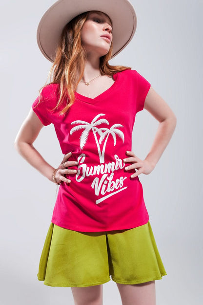 Summer Vibes Print T Shirt in Fuchsia