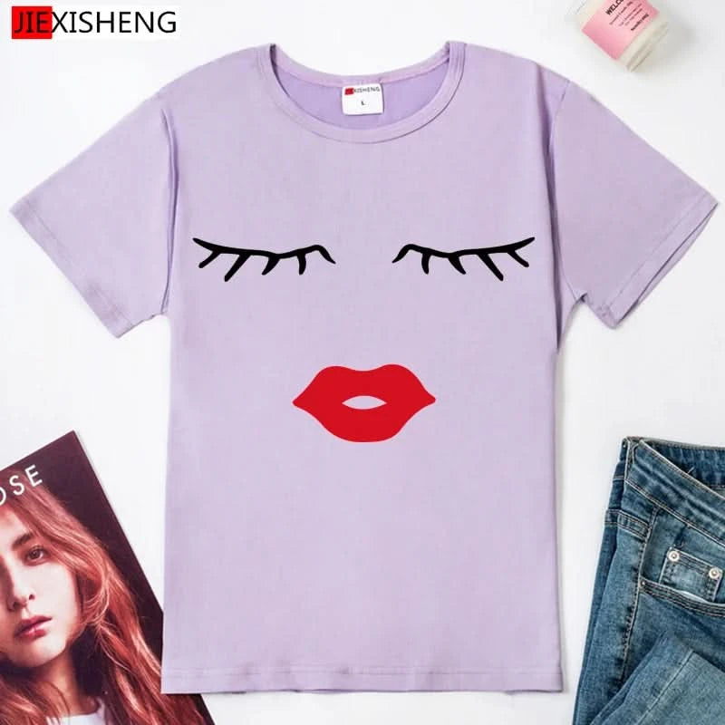 Pretty and Cute Eye Lashes Red Lips Print Summer Short Sleeve O Neck T-Shirt