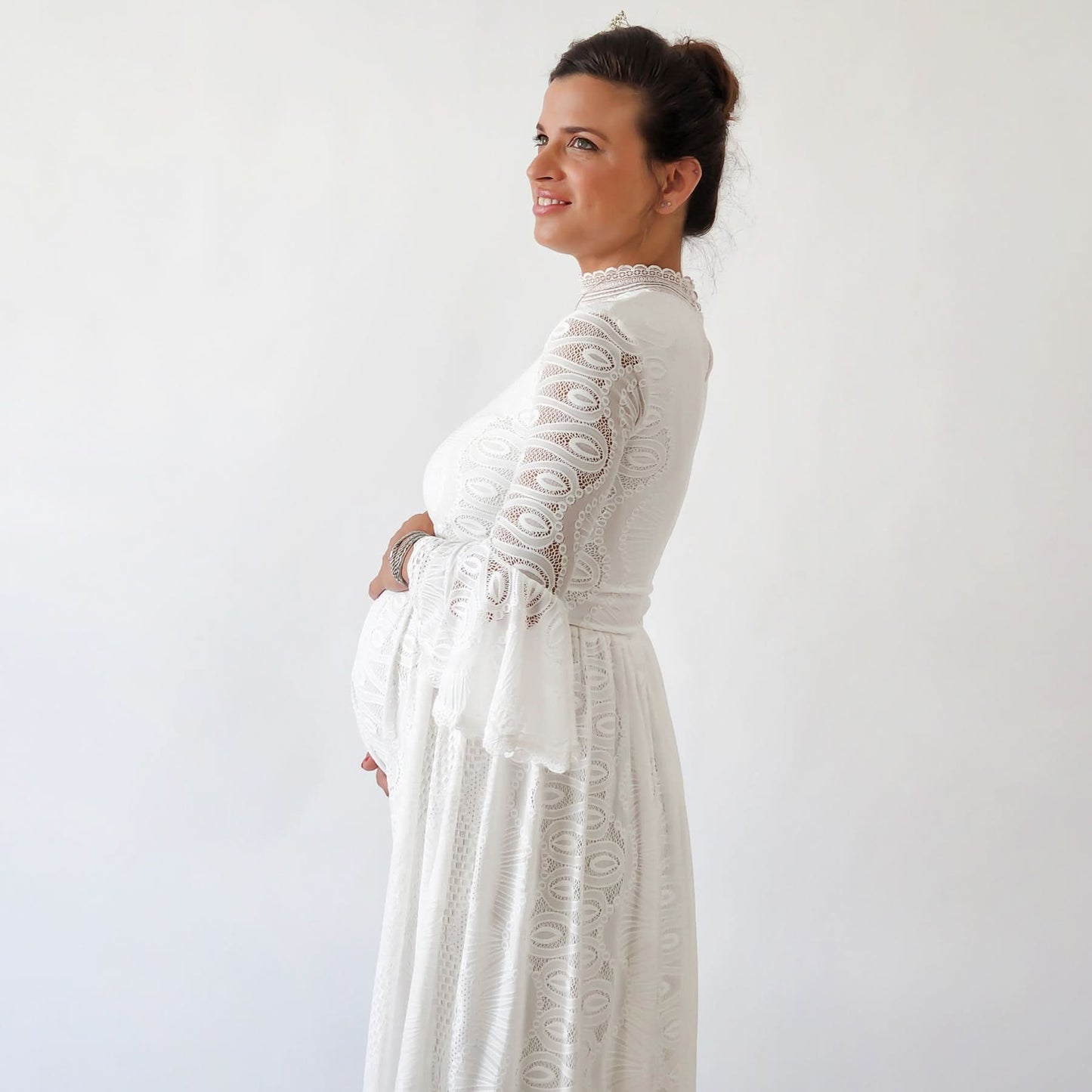 Maternity Bohemian High Neckline, Modest Ivory Wedding Dress With a Train  #7012