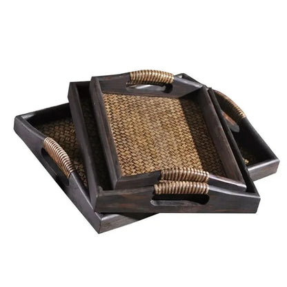 Handicraft Rattan Household Tea Tray Baked Bread Tray Set Wooden Storage