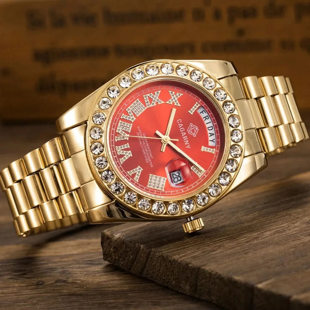 Luxury Crystal Diamond Gold Watch Men Quartz Stainless Steel Men Watches