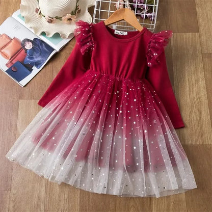 Girls Long Sleeve Christmas Red Dress Winter Warm Round-Neck Kids