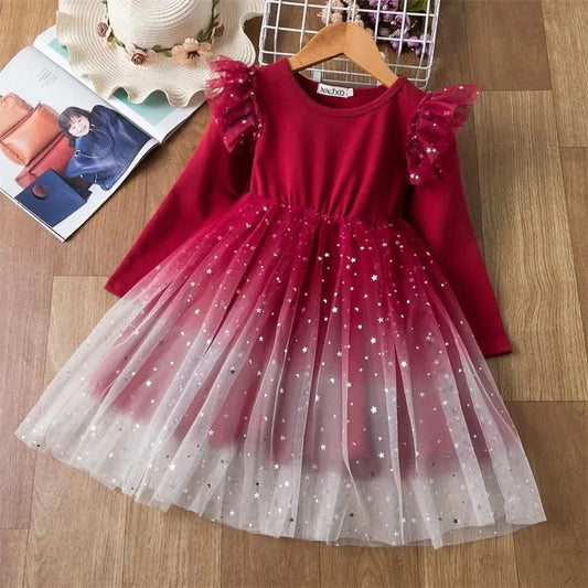 Girls Long Sleeve Christmas Red Dress Winter Warm Round-Neck Kids