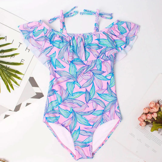 2024 Leaf Print Girl One Piece Kids Swimwear for Girls 6-14 Years Children