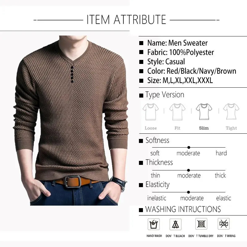 TFETTERS 2024 Men Sweater Casual V-Neck Pullover Men Long Sleeve Sweater