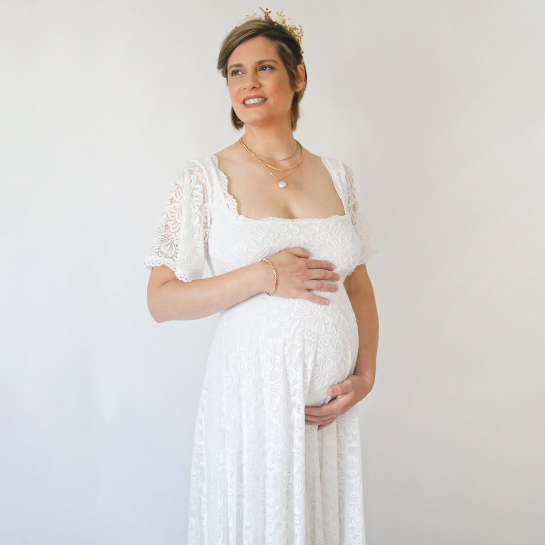 Maternity Ivory Bohemian Dress, Square Neckline , Butterfly Sleeves Dress #7003