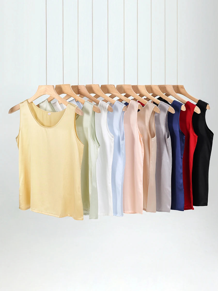 SuyaDream. Women Basic Cozy Tanks, 100%Real Silk, O Neck Sleeveless Chic T Shirt