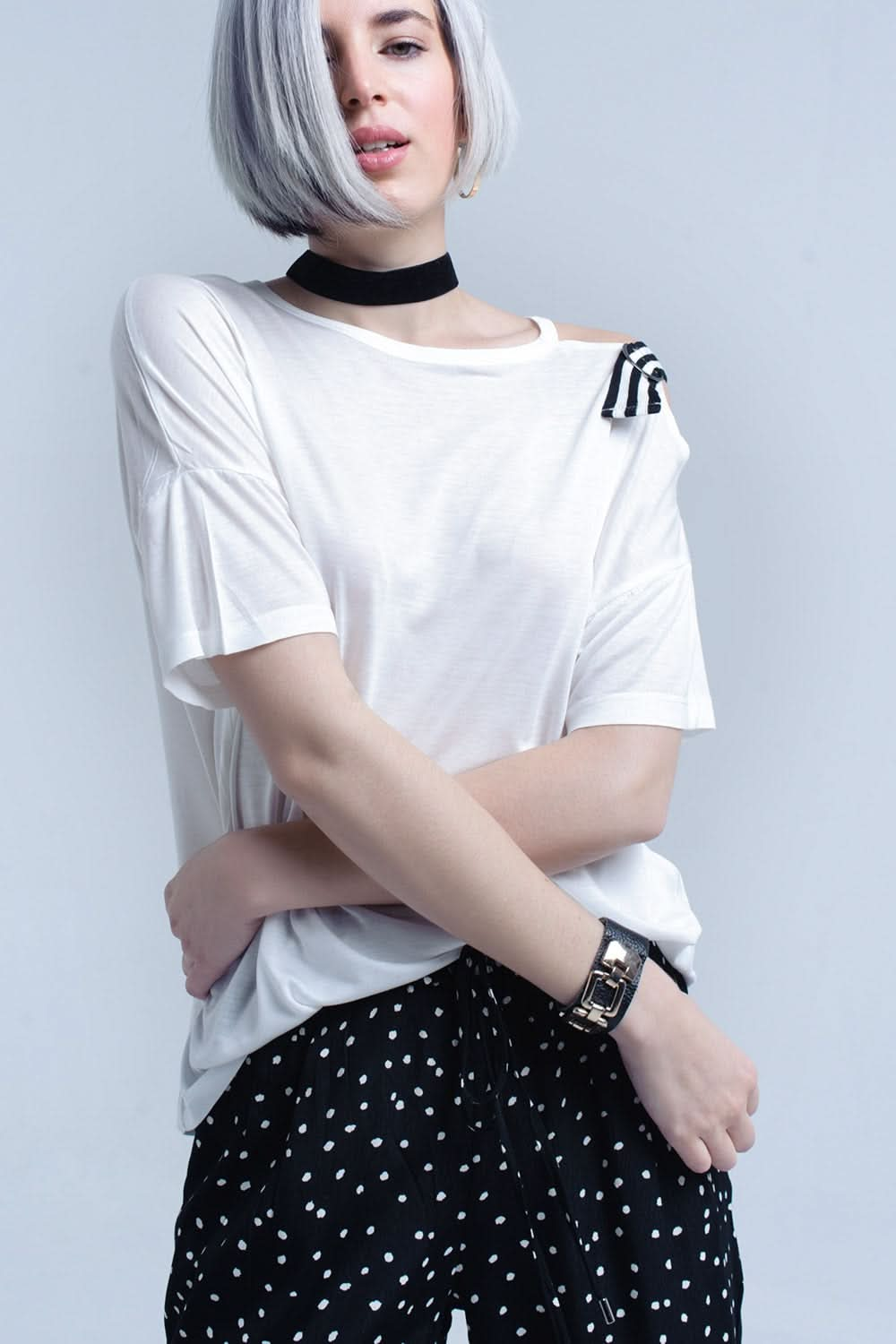 White T-Shirt With One Open Shoulder