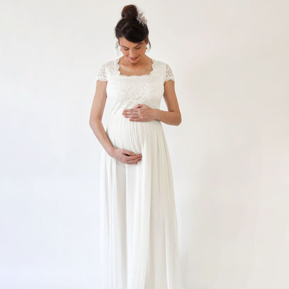 Maternity Ivory Bohemian Square Neckline, Cape Sleeves Dress #7013