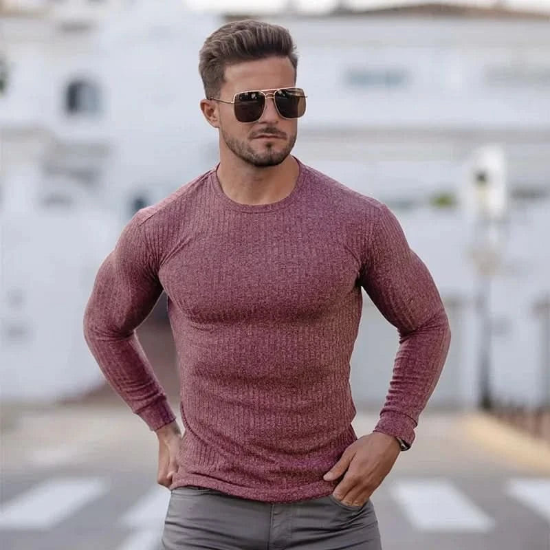 Men's T-Shirt Sweater O-Neck Slim Fit Knittwear Mens Long Sleeve Pullovers