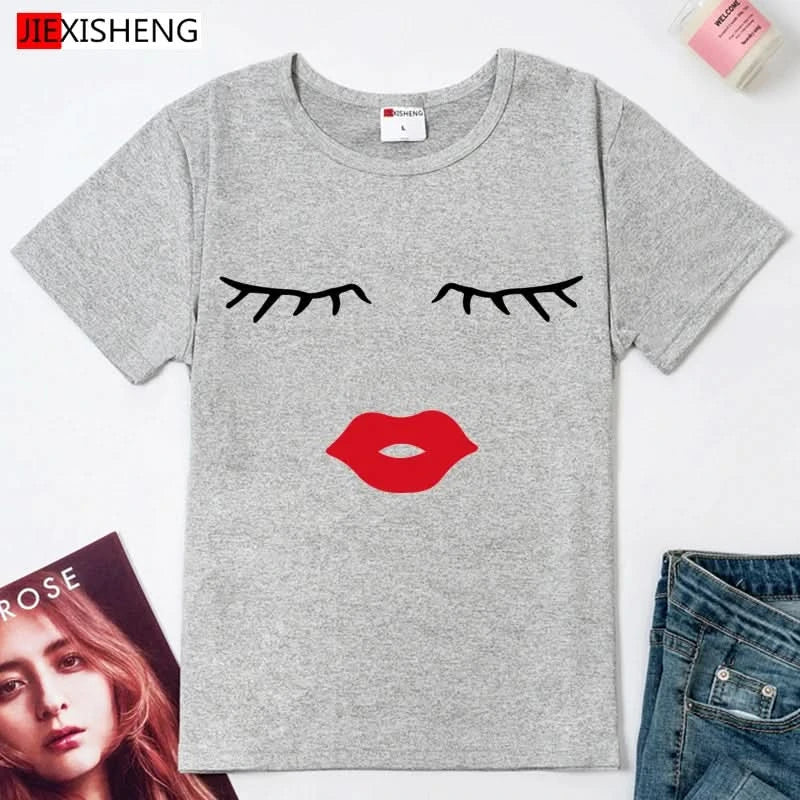 Pretty and Cute Eye Lashes Red Lips Print Summer Short Sleeve O Neck T-Shirt