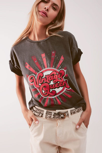 Relaxed T Shirt With Black Vintage Queens Graphic Print