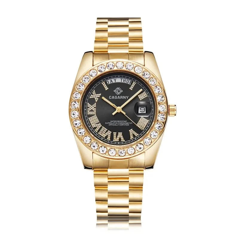 Luxury Crystal Diamond Gold Watch Men Quartz Stainless Steel Men Watches