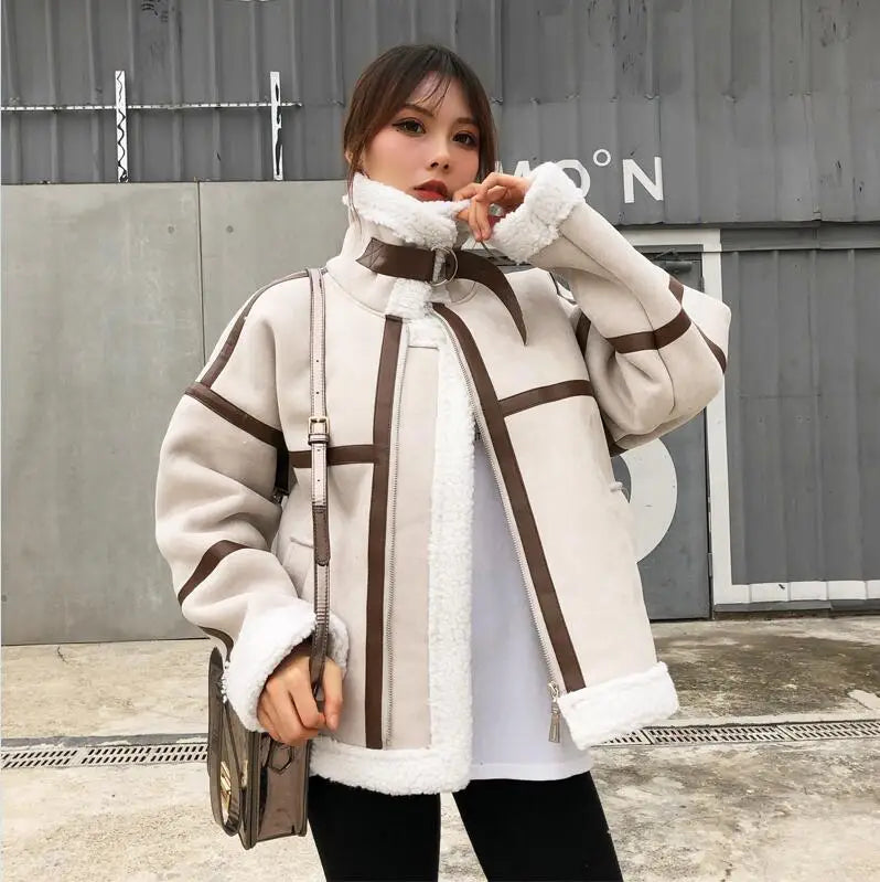 Winter Short Suede Jacket Coat Women Warm Lambswool Parka Coats Ladies