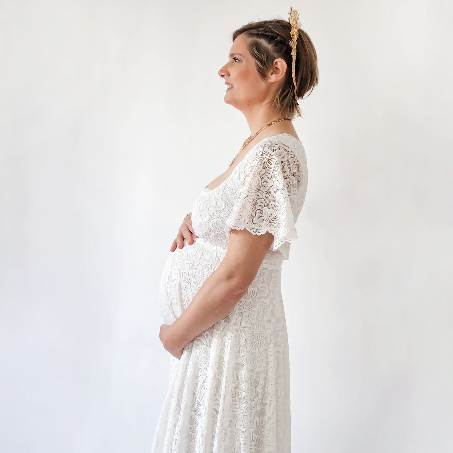 Maternity Ivory Bohemian Dress, Square Neckline , Butterfly Sleeves Dress #7003