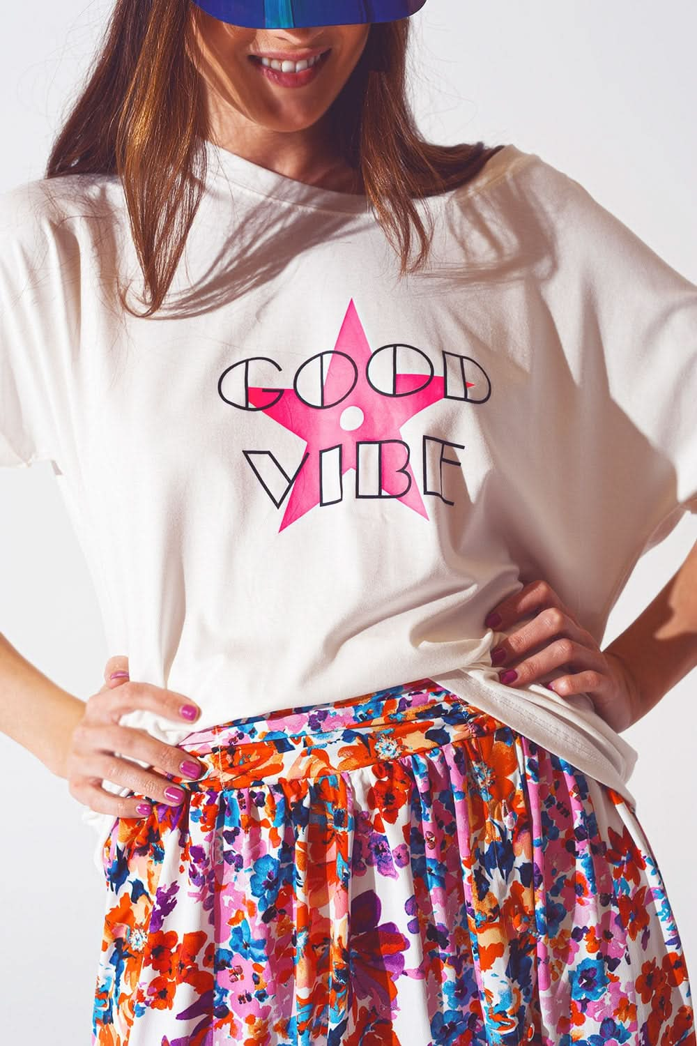 Boat Neck T-Shirt With Good Vibe Text in White and Pink