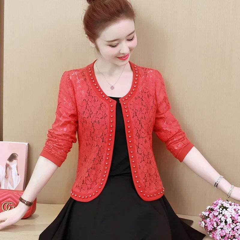 Womens Jackets and Coats Long Sleeve Beading Hollow Lace Women Jacket