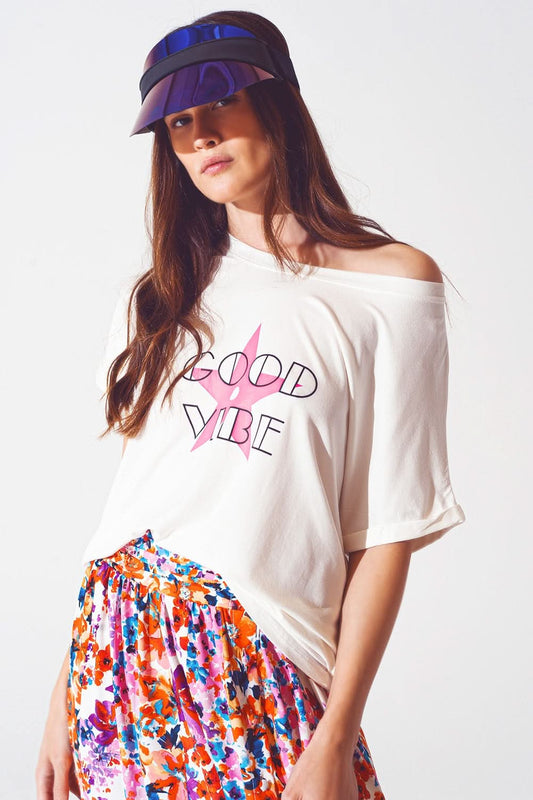 Boat Neck T-Shirt With Good Vibe Text in White and Pink