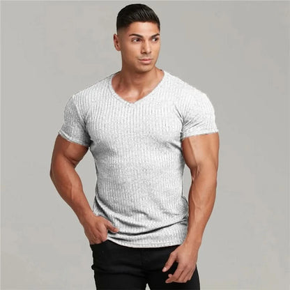 New Summer Men's Fashion T-Shirt Knitting V-Neck Slim Fit Pullovers