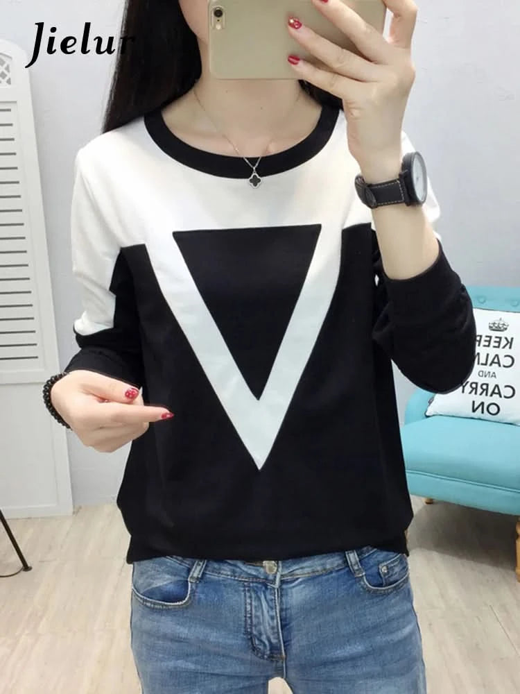 Jielur Fashion Black and White Spell Color Patchwork Hoodies Women v Pattern