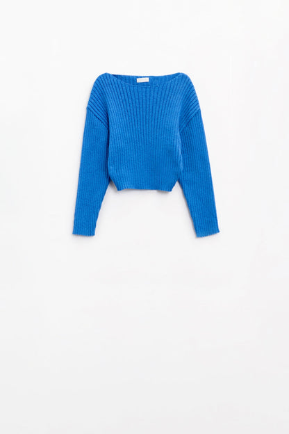 Relaxed Ribbed Boat Neck Sweater in Blue