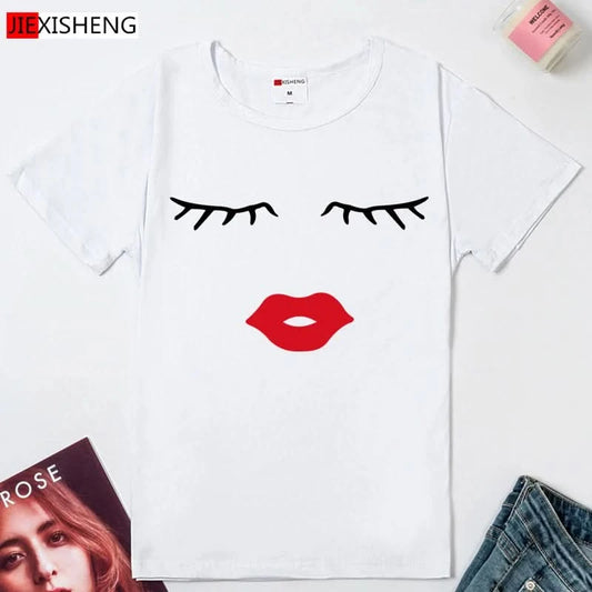 Pretty and Cute Eye Lashes Red Lips Print Summer Short Sleeve O Neck T-Shirt