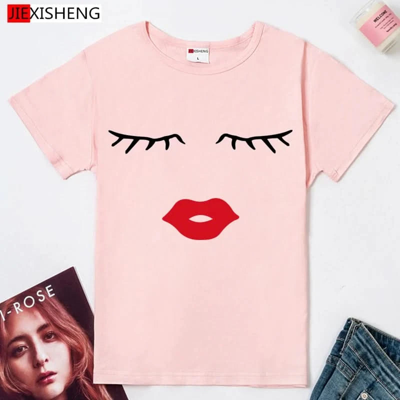 Pretty and Cute Eye Lashes Red Lips Print Summer Short Sleeve O Neck T-Shirt