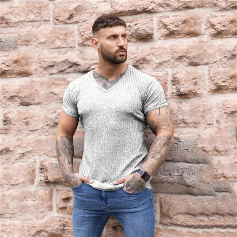 New Summer Men's Fashion T-Shirt Knitting V-Neck Slim Fit Pullovers