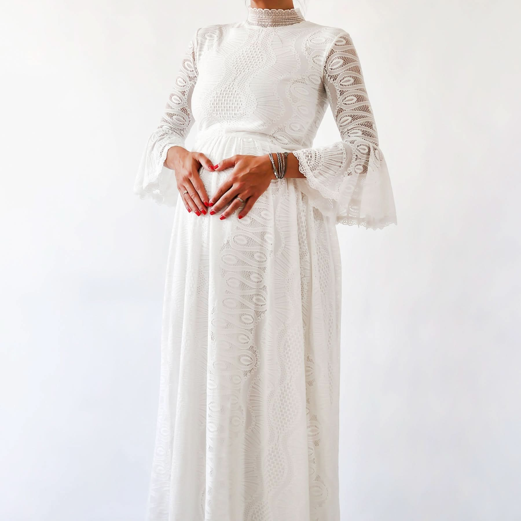 Maternity Bohemian High Neckline, Modest Ivory Wedding Dress With a Train  #7012