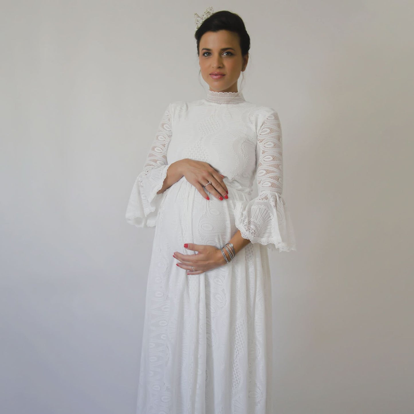 Maternity Bohemian High Neckline, Modest Ivory Wedding Dress With a Train  #7012