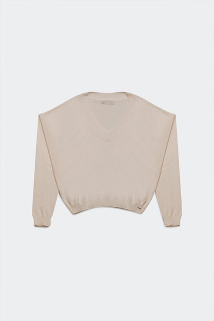 V Neck Fine Knit Sweater in Cream