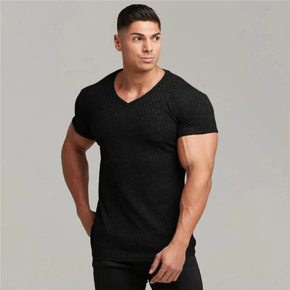 New Summer Men's Fashion T-Shirt Knitting V-Neck Slim Fit Pullovers