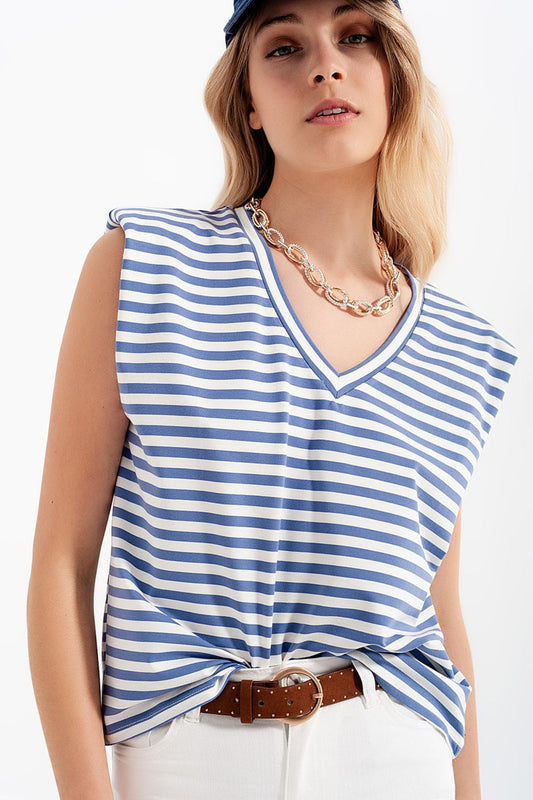 Sleeveless T-Shirt With Shoulder Pad in Blue Stripe