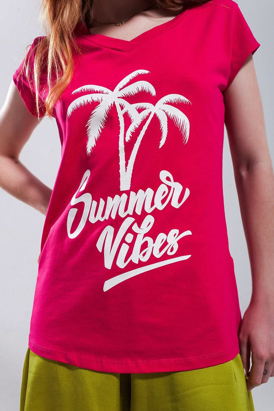 Summer Vibes Print T Shirt in Fuchsia