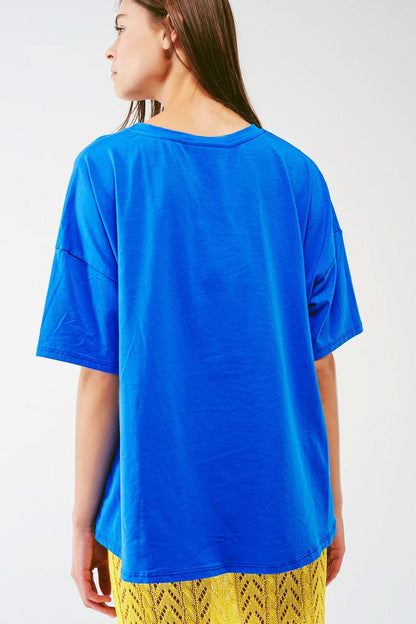 Loose-Fitting Blue T-Shirt With Colored Bear